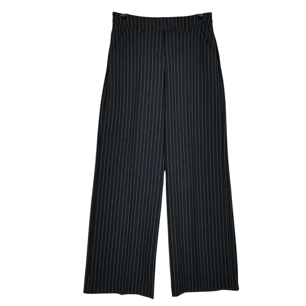 Express Relaxed Trouser Women 2R Black Pinstripe Editor Mid Rise Wide Leg Pant